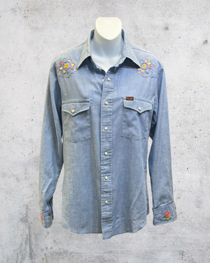 Vintage 70s Wrangler Floral Embroidered Chambray Shirt – Medium