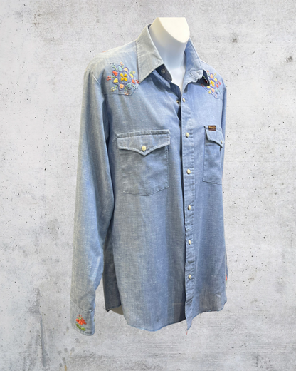 Vintage 70s Wrangler Floral Embroidered Chambray Shirt – Medium