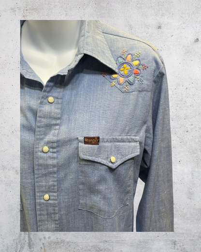 Vintage 70s Wrangler Floral Embroidered Chambray Shirt – Medium