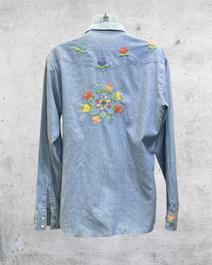 Vintage 70s Wrangler Floral Embroidered Chambray Shirt – Medium