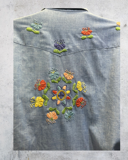 Vintage 70s Wrangler Floral Embroidered Chambray Shirt – Medium