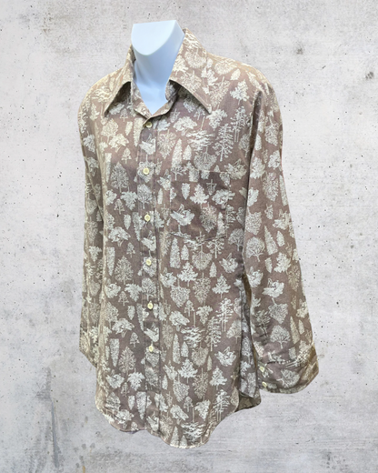 Vintage 70s Woodland Tree Print Shirt  Brown - Medium