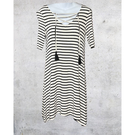Black & White Striped Lace-Up Tassel Dress