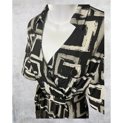 Black & Gray Geometric Tie-Front Dress